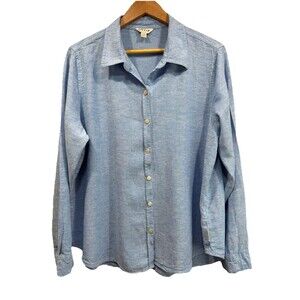 ORVIS Womens Size XL Blue Linen Blend Button Down Collared Shirt Roll Tab Sleeve